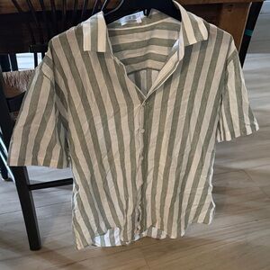 Green and White Striped Button-Down Shirt